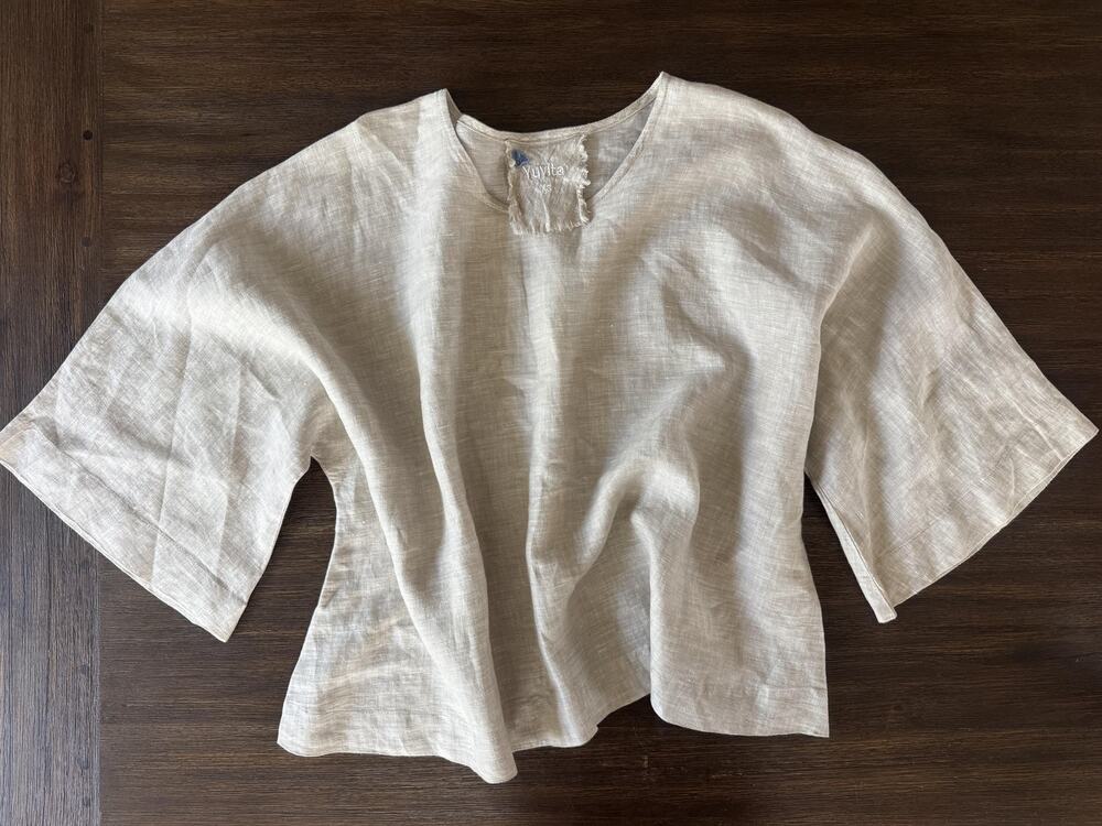 Yuvita 100% Linen Kimono Blouse Womens XS Beige Boxy Oversized 3/4 Sleeve Top